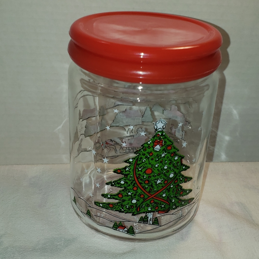 Beautiful Vintage 1980's Christmas Pleasure Glass Candy Jar with Plastic Lid
